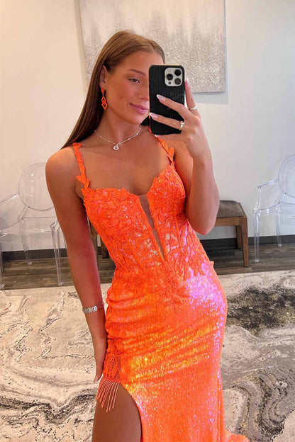 Sparkly Straps Orange Sequin Long Prom Dress with Appliques