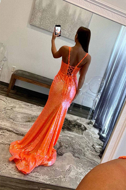 Sparkly Straps Orange Sequin Long Prom Dress with Appliques