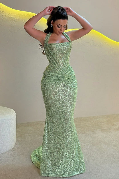 Sparkly Mermaid Halter Neck Gold Sequins Long Evening Dress with Ruched