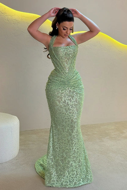 Sparkly Mermaid Halter Neck Gold Sequins Long Evening Dress with Ruched
