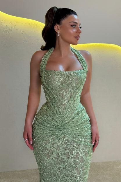 Sparkly Mermaid Halter Neck Gold Sequins Long Evening Dress with Ruched