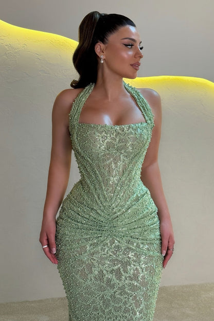 Sparkly Mermaid Halter Neck Gold Sequins Long Evening Dress with Ruched