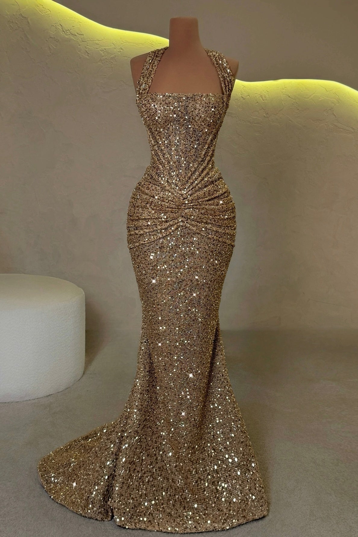 Sparkly Mermaid Halter Neck Gold Sequins Long Evening Dress with Ruched