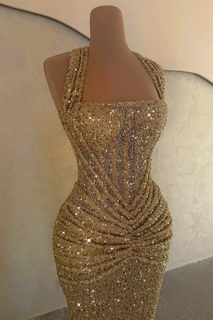 Sparkly Mermaid Halter Neck Gold Sequins Long Evening Dress with Ruched