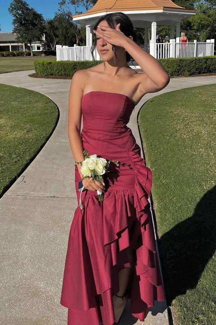 Strapless Burgundy Prom Dress 2026 Asymmetrical Layered with Slit
