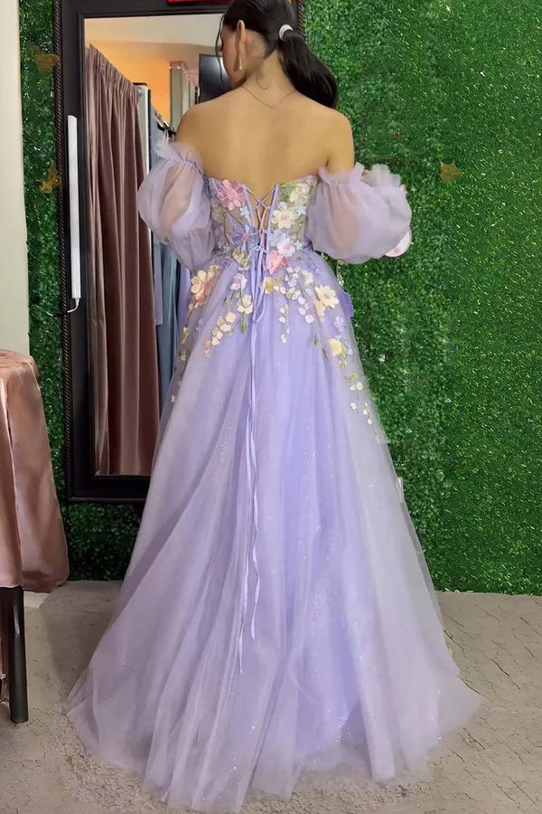 Strapless 3D Floral Lavender Prom Dress with Detachable Sleeves PSK668