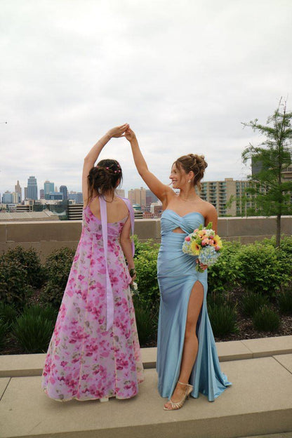 Strapless Dusty Blue Pleated Long Dress with Slit