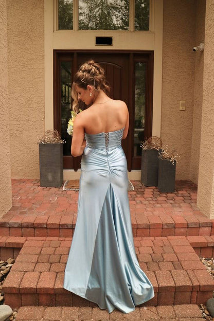 Strapless Dusty Blue Pleated Long Dress with Slit