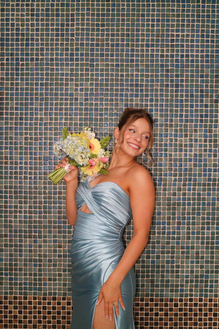 Strapless Dusty Blue Pleated Long Dress with Slit