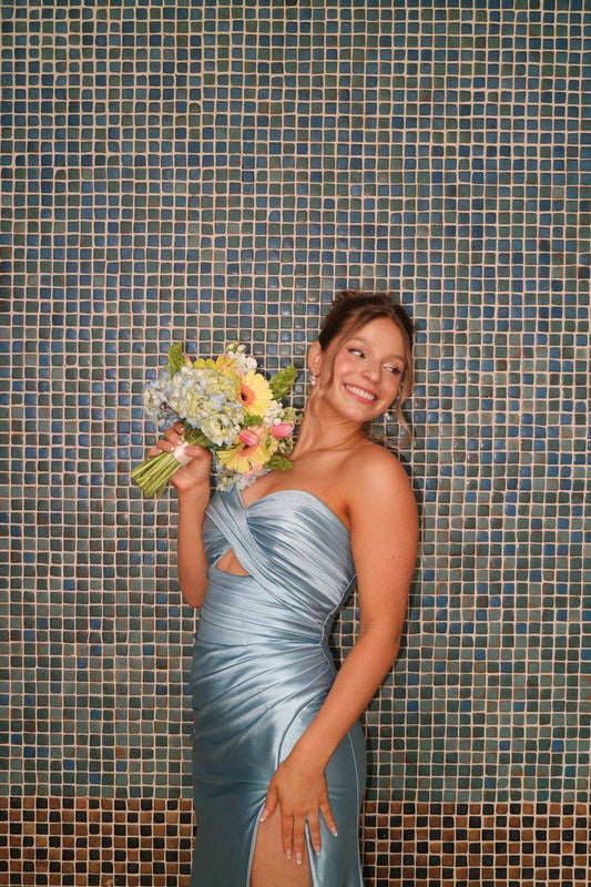 Strapless Dusty Blue Pleated Long Dress with Slit