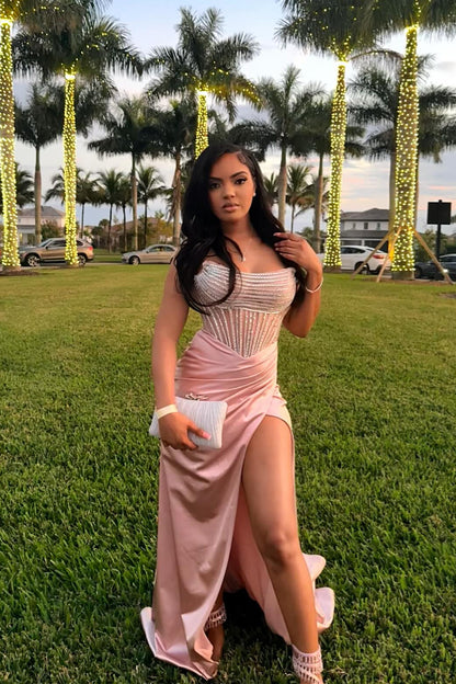 Strapless Dusty Rose Diamond Long Dress with Slit