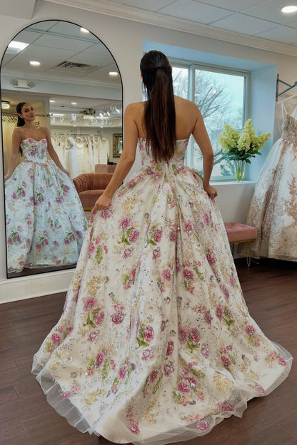 Strapless Ivory Floral Sequin A-line Long Dress