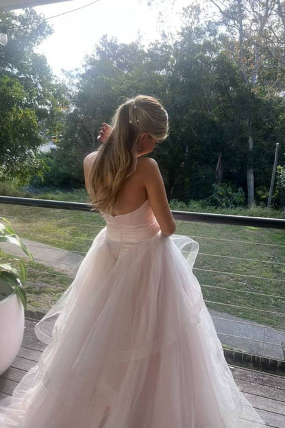 Strapless Light Pink Ruffle Tiered A-line Long Dress