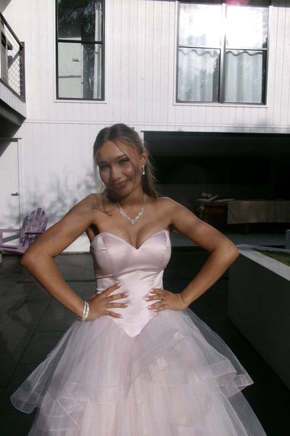 Strapless Light Pink Ruffle Tiered A-line Long Dress