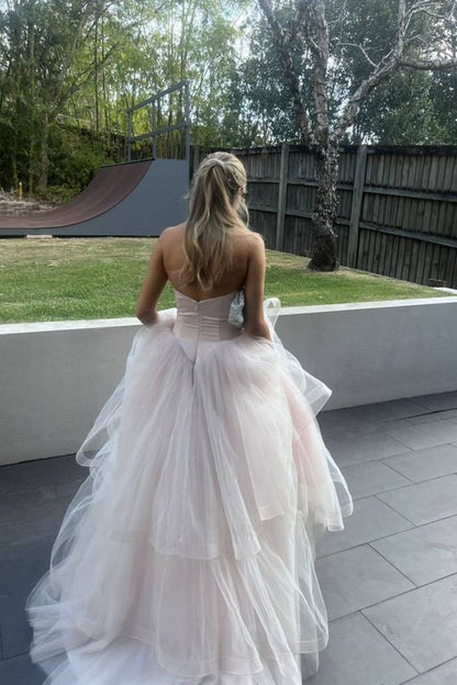 Strapless Light Pink Ruffle Tiered A-line Long Dress