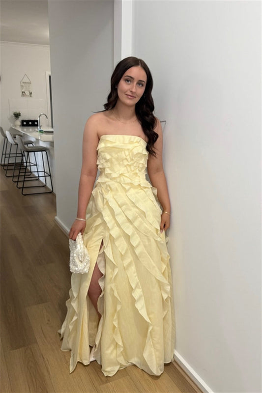 Strapless Light Yellow Ruffled Long Dress with Slit