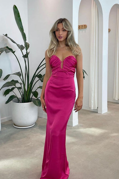 Strapless Magenta Ruched Long Dress with Cut-out