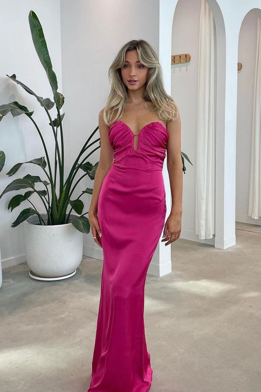 Strapless Magenta Ruched Long Dress with Cut-out