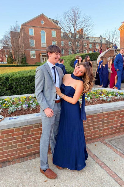 Strapless Navy Blue Pleated Long Dress with Scarf