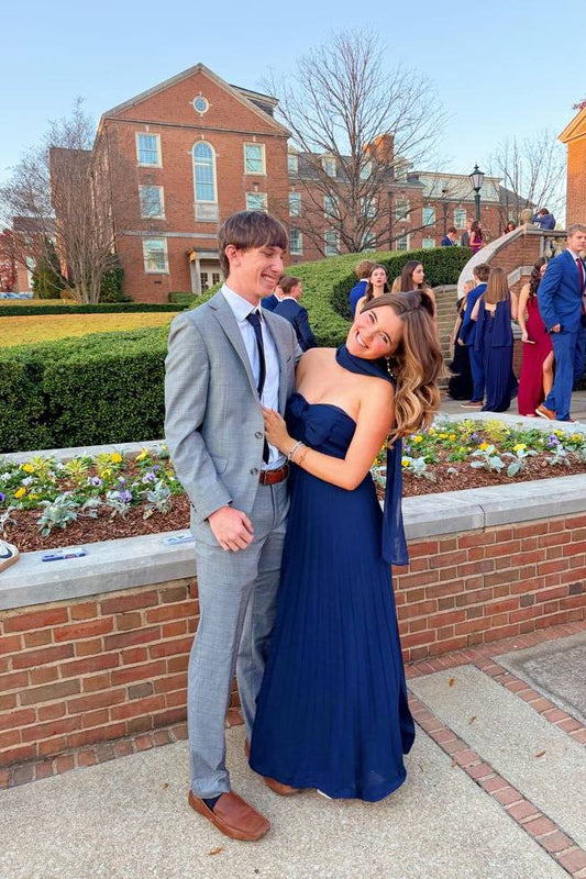 Strapless Navy Blue Pleated Long Dress with Scarf