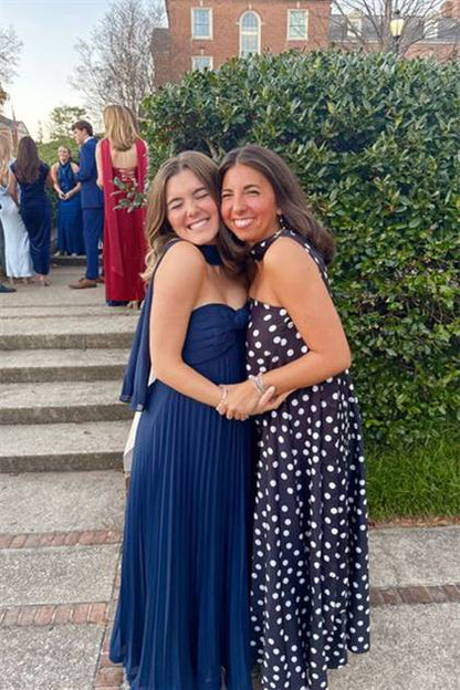 Strapless Navy Blue Pleated Long Dress with Scarf