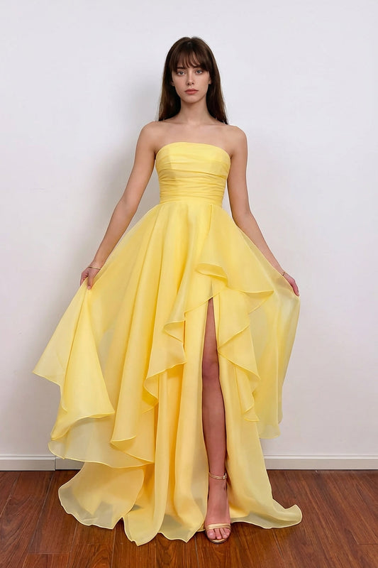 Strapless Tulle Pleated Layered Yellow Prom Dress With Split