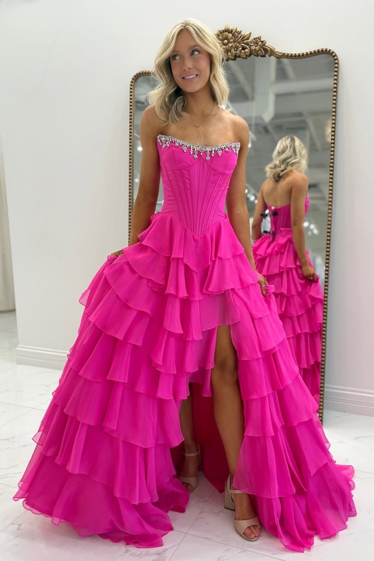 Strapless Pink Green Layered Long Prom Dresses Beaded