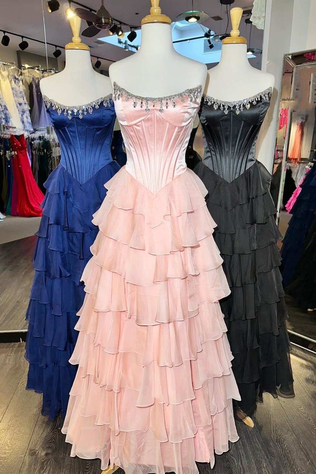 Strapless Pink Green Layered Long Prom Dresses Beaded