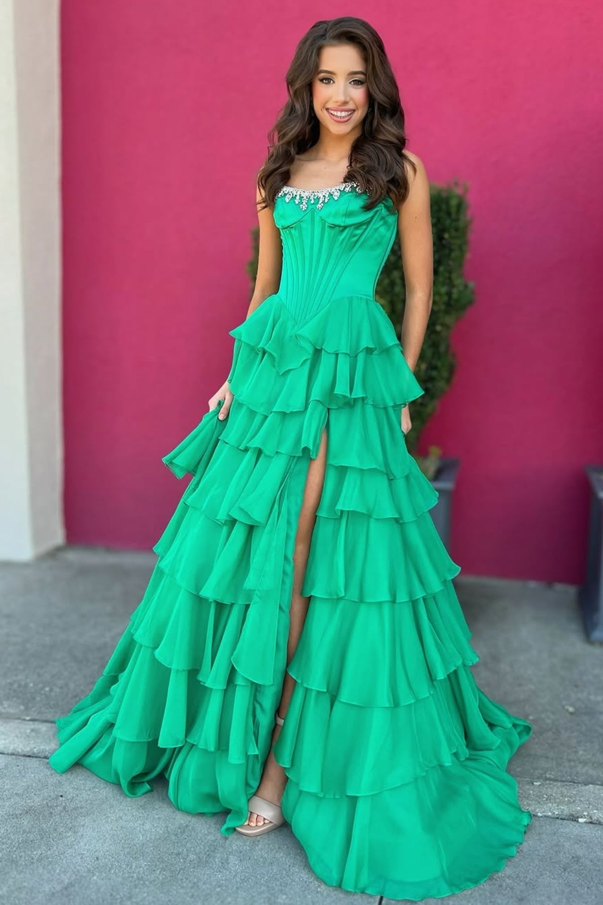 Strapless Pink Green Layered Long Prom Dresses Beaded