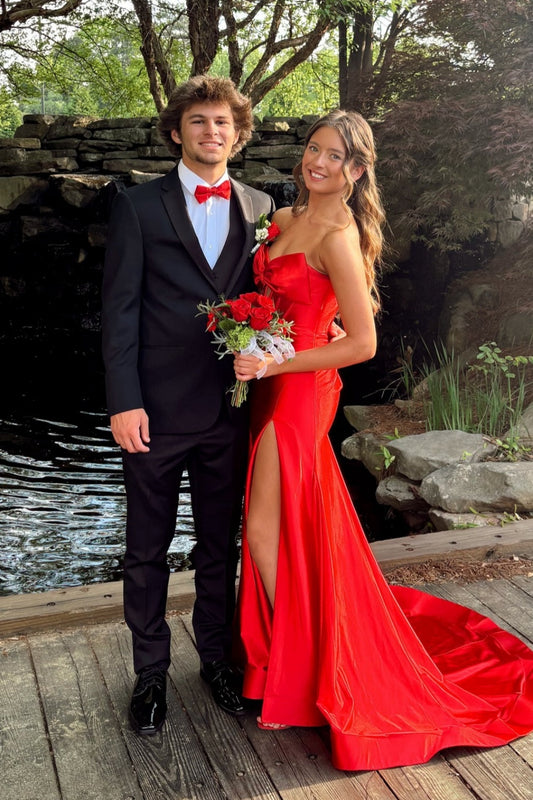 Strapless Red Bow Front Long Dress with Slit