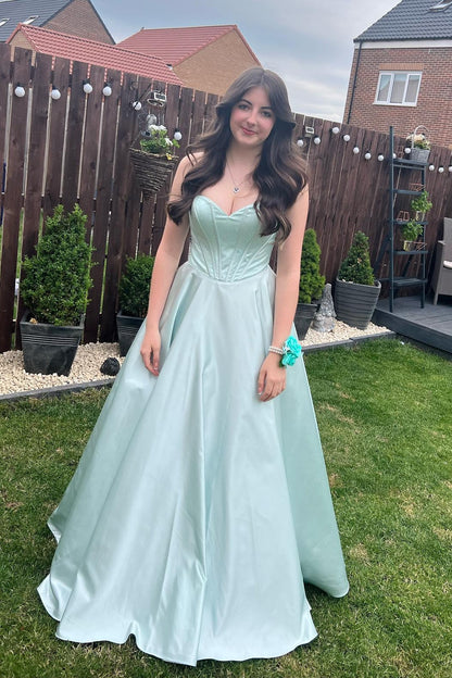 Strapless Sage Green A-line Satin Long Dress