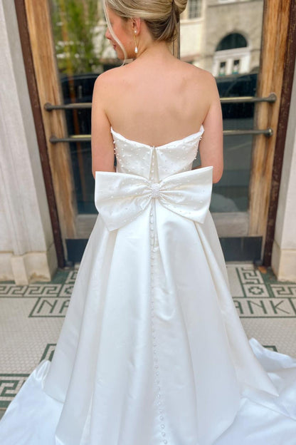 Strapless White A-line Wedding Dress with Pearls