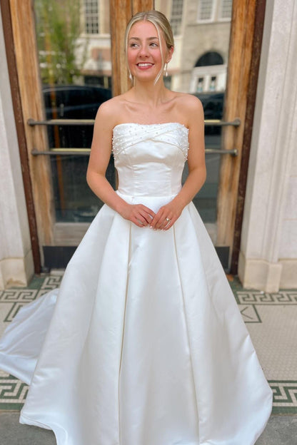 Strapless White A-line Wedding Dress with Pearls
