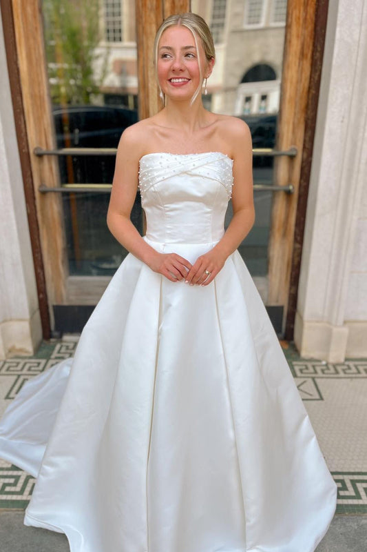 Strapless White A-line Wedding Dress with Pearls