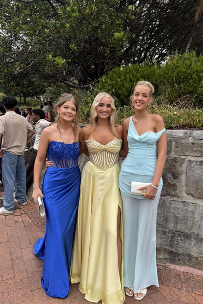 Strapless Yellow Beaded A-line Long Dress with Slit