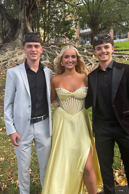 Strapless Yellow Beaded A-line Long Dress with Slit