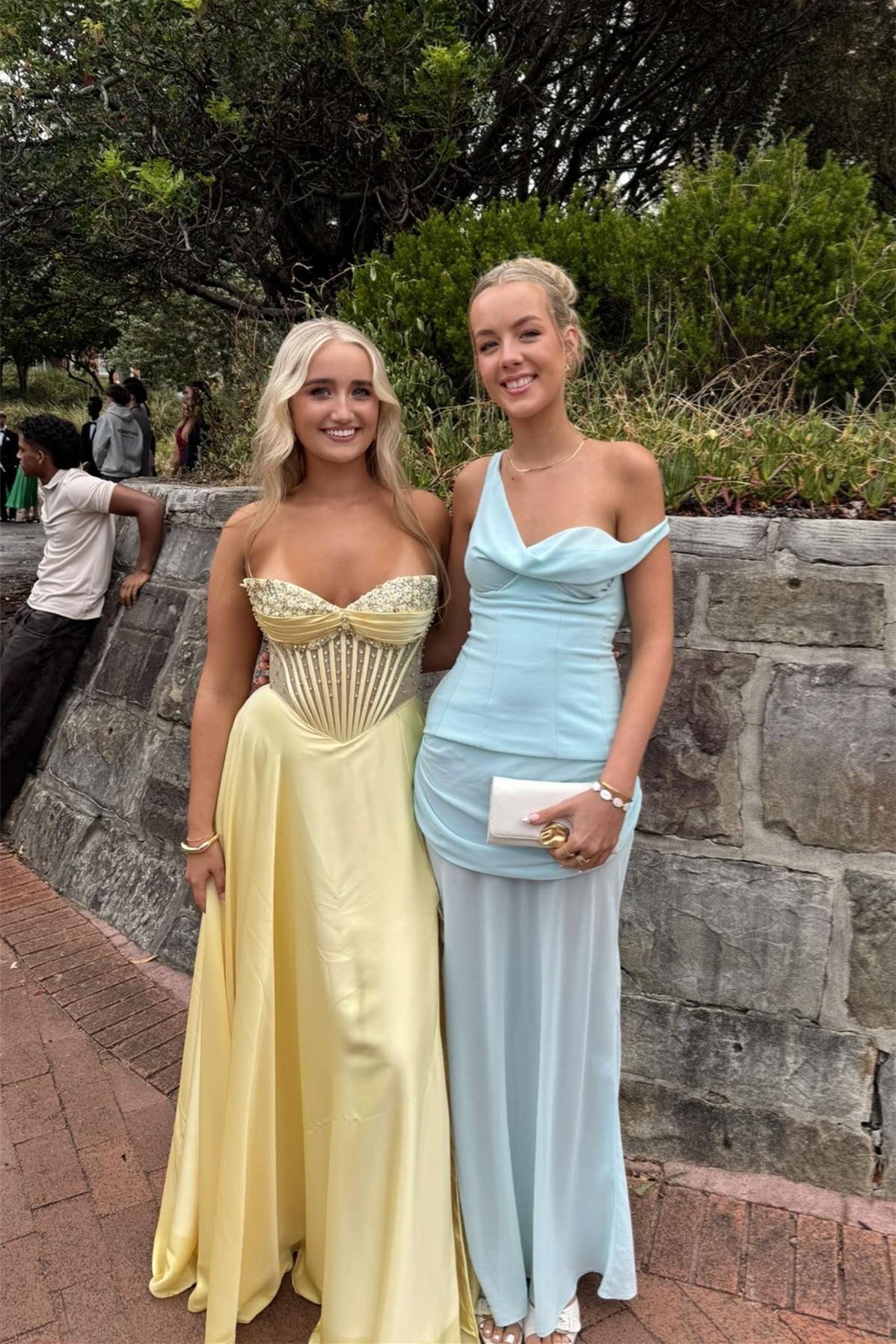 Strapless Yellow Beaded A-line Long Dress with Slit