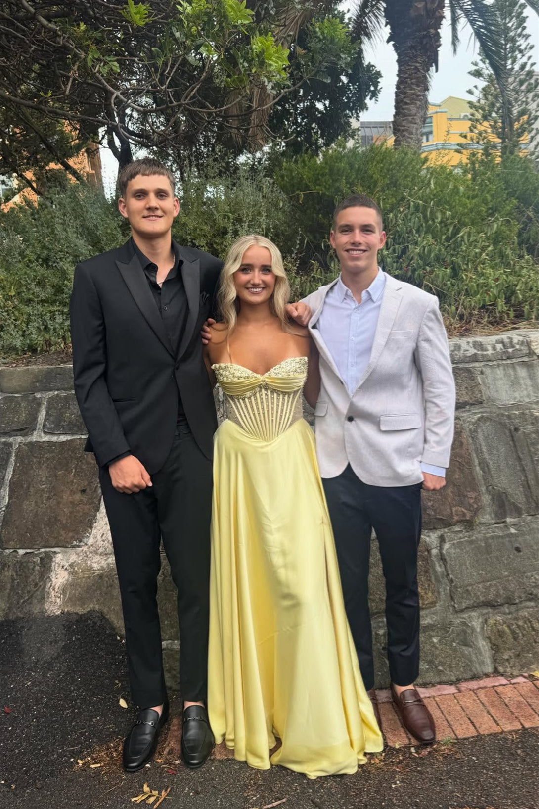 Strapless Yellow Beaded A-line Long Dress with Slit