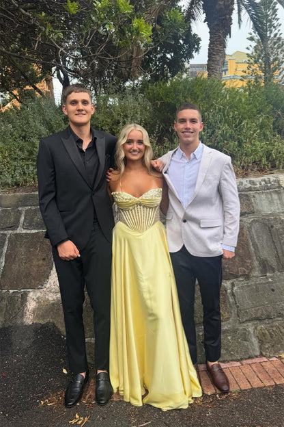 Strapless Yellow Beaded A-line Long Dress with Slit