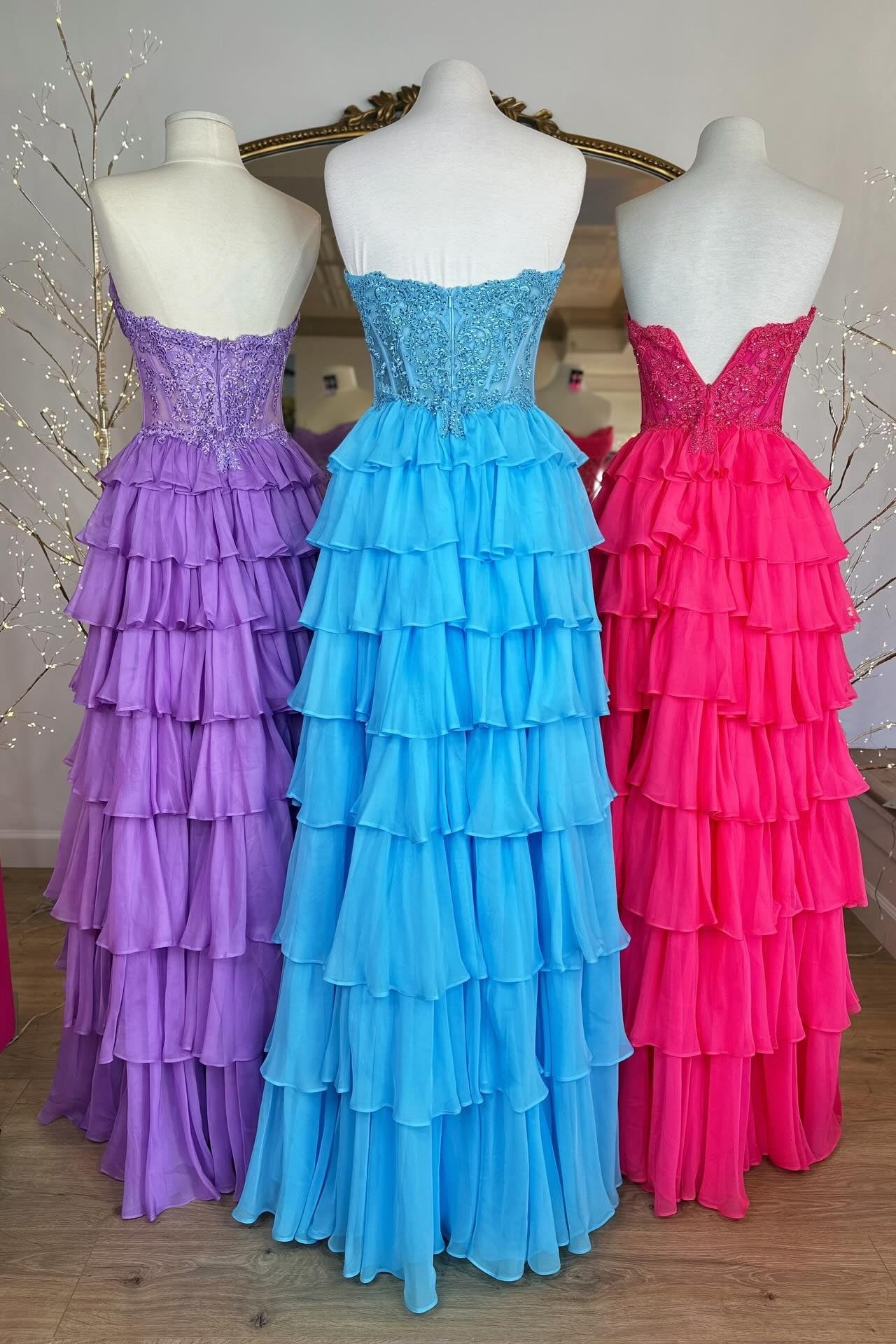 Strapless Blue Appliques Tiered Long Dress with Slit