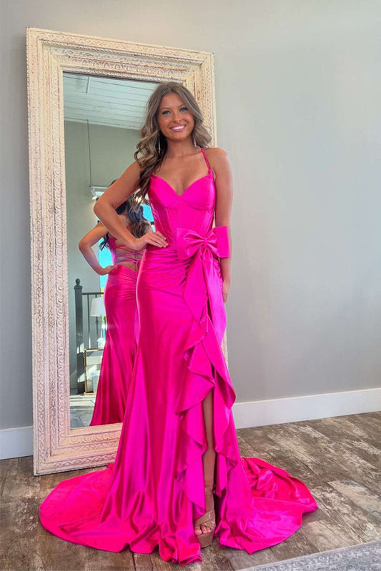 Straps Satin Mermaid Split Hot Pink Prom Dress with Bow