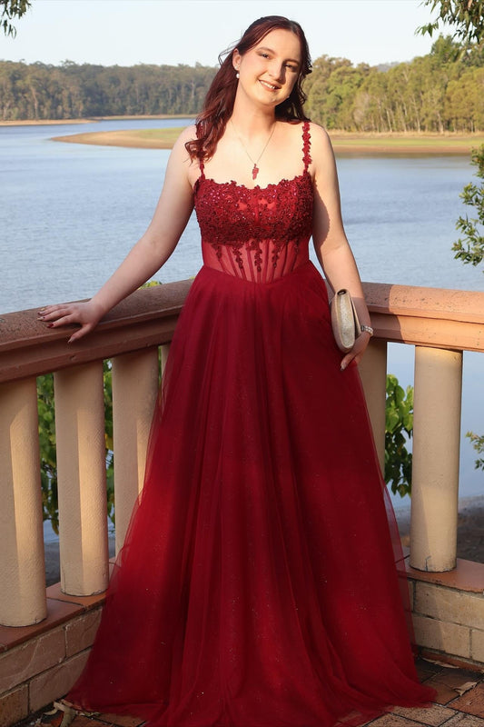 Straps Wine Red Appliques Sparkle A-line Long Dress
