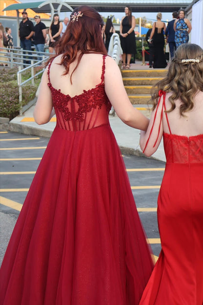 Straps Wine Red Appliques Sparkle A-line Long Dress