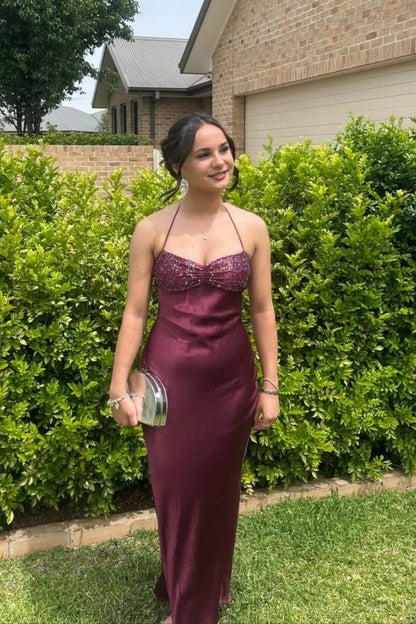 Halter Light Blue Satin Fitted Long Formal Dress