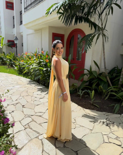 Daffodil Pleated Sleeveless Chiffon Evening Dress With Scarf