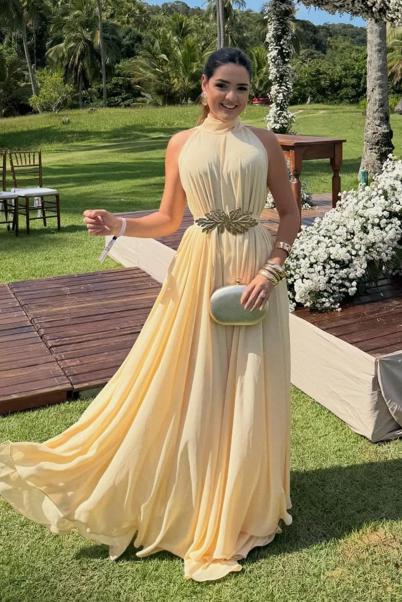 Daffodil Pleated Sleeveless Chiffon Evening Dress With Scarf