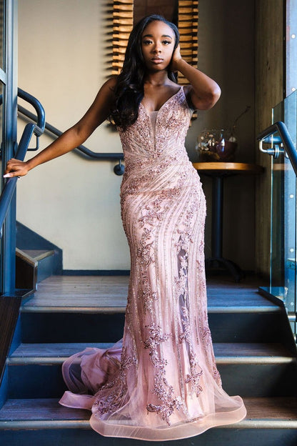 Stunning Mermaid Spaghetti Straps Pink Long Prom Dress with Appliques Beading