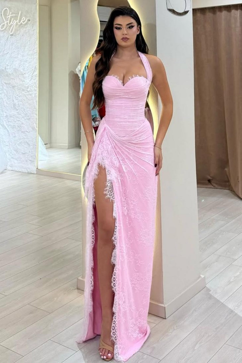 Beautiful Mermaid Halter Neck Pink Long Prom Dress with Lace Up Corset