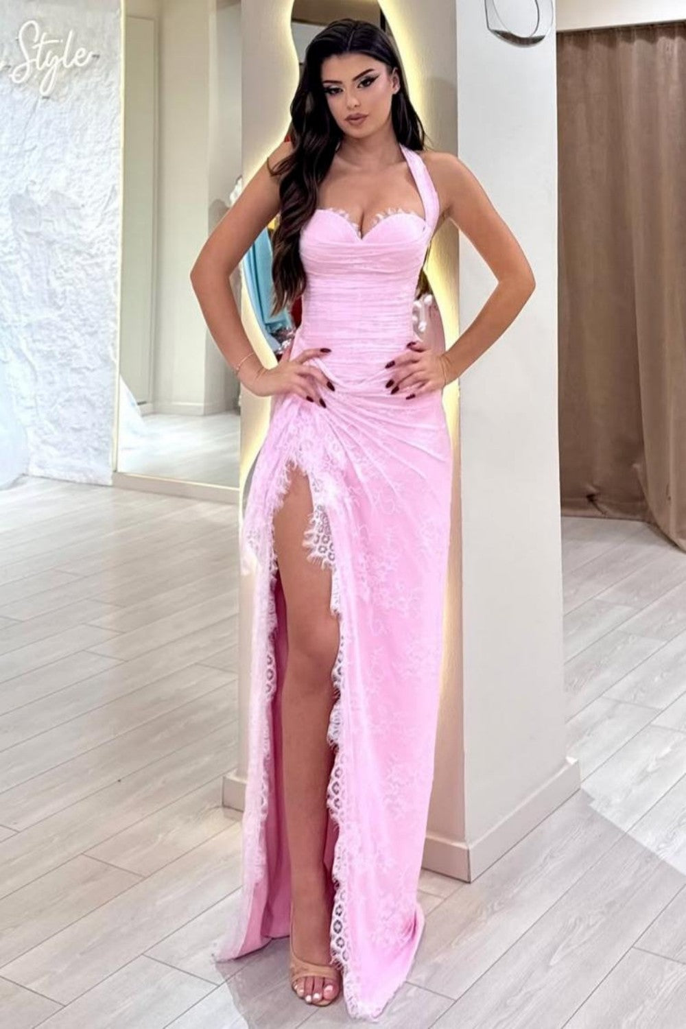 Beautiful Mermaid Halter Neck Pink Long Prom Dress with Lace Up Corset