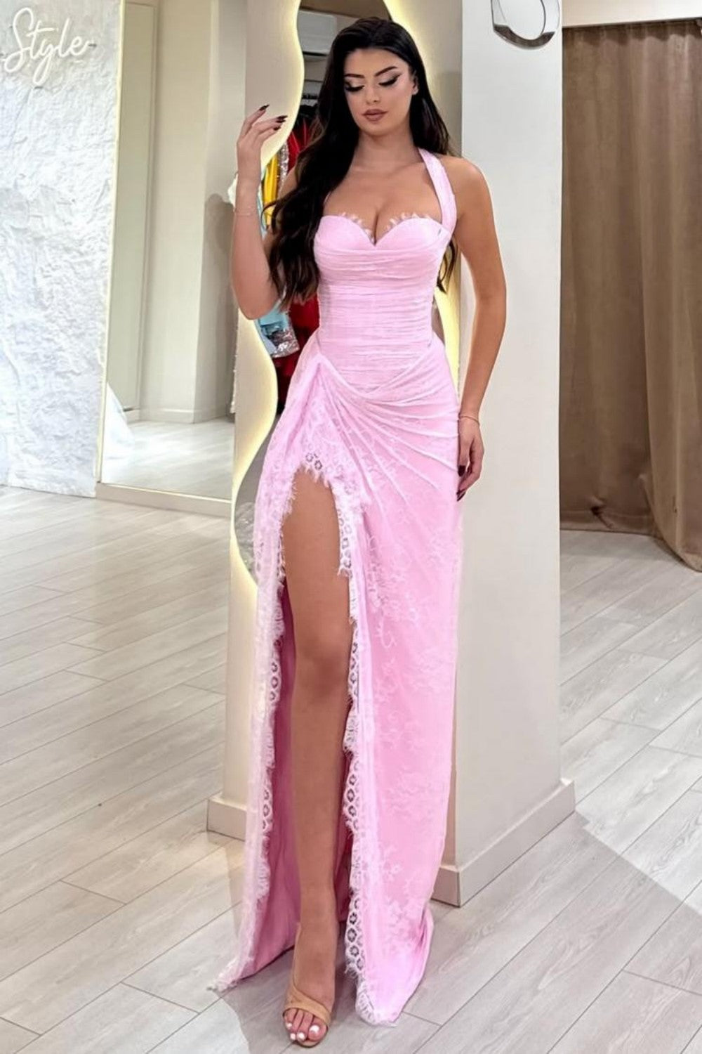 Beautiful Mermaid Halter Neck Pink Long Prom Dress with Lace Up Corset